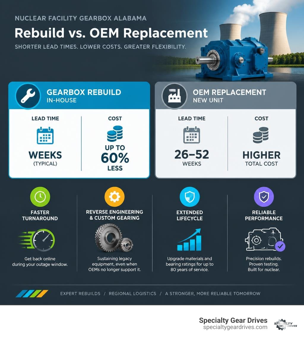 Comparison of gearbox rebuilding lead time and cost versus OEM replacement infographic Comparison of gearbox rebuilding lead time and cost versus OEM replacement infographic