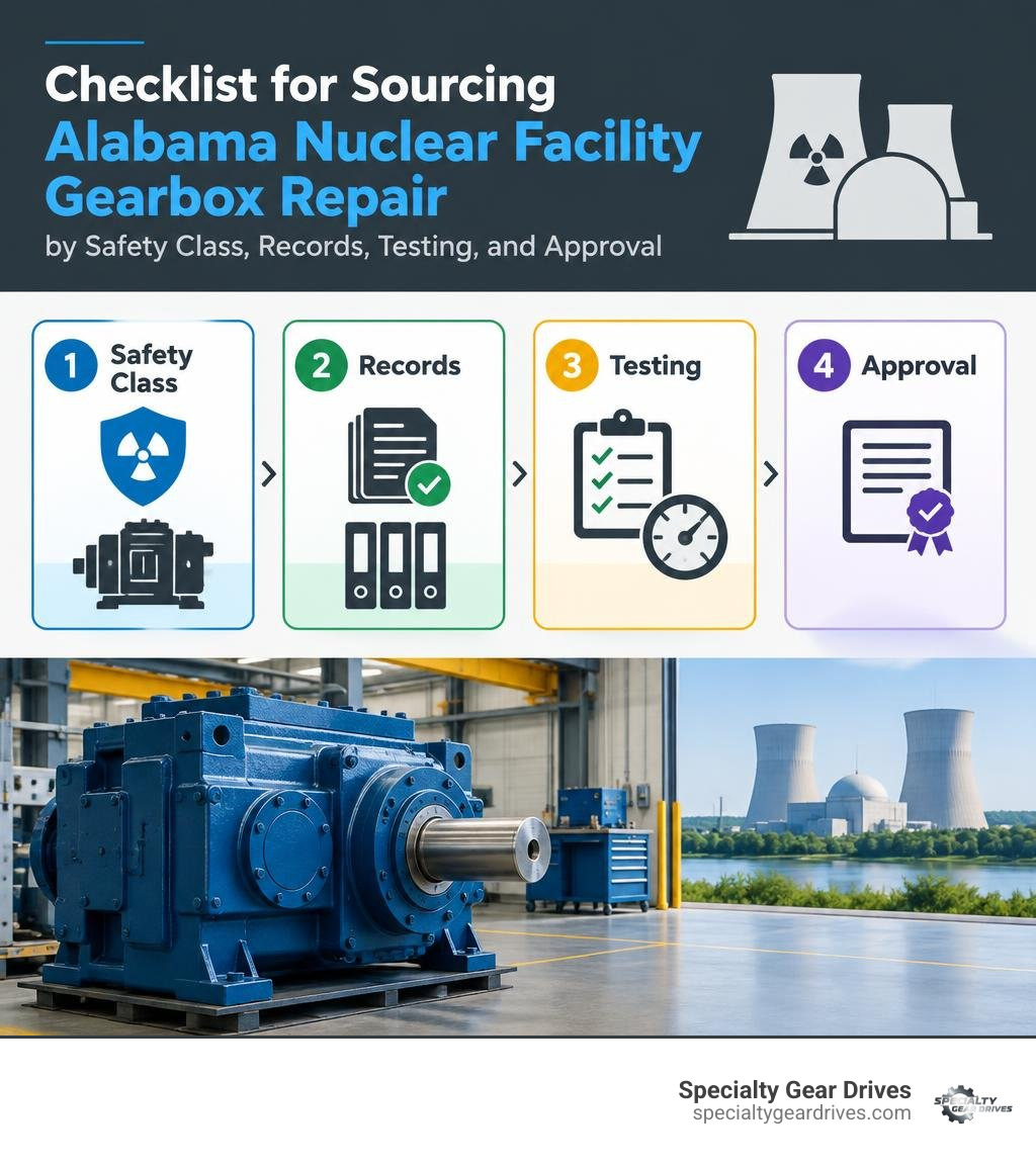 Checklist for sourcing Alabama nuclear facility gearbox repair by safety class, records, testing, and approval infographic Checklist for sourcing Alabama nuclear facility gearbox repair by safety class, records, testing, and approval infographic