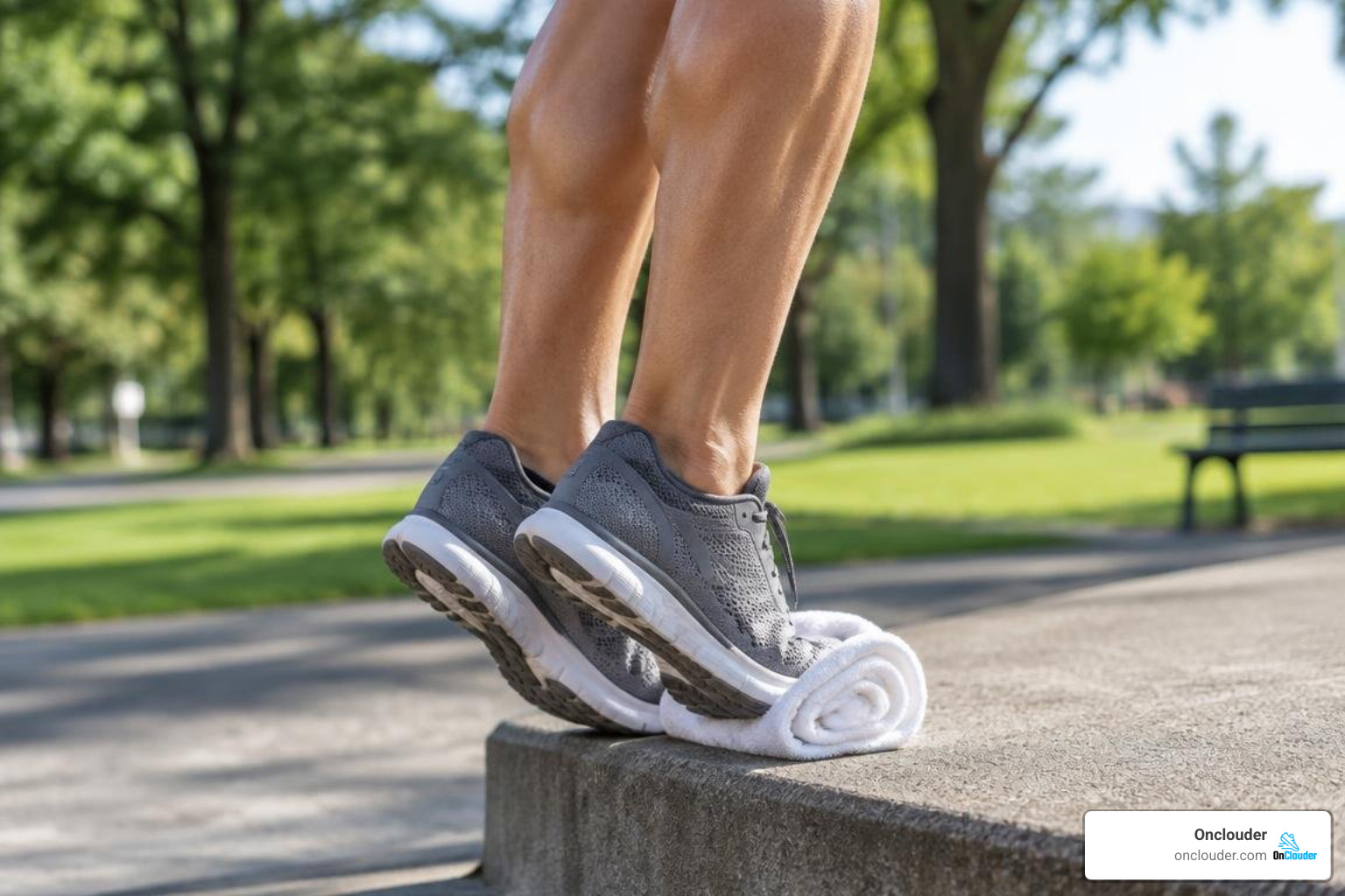 runner performing high load heel raises on a step runner performing high load heel raises on a step