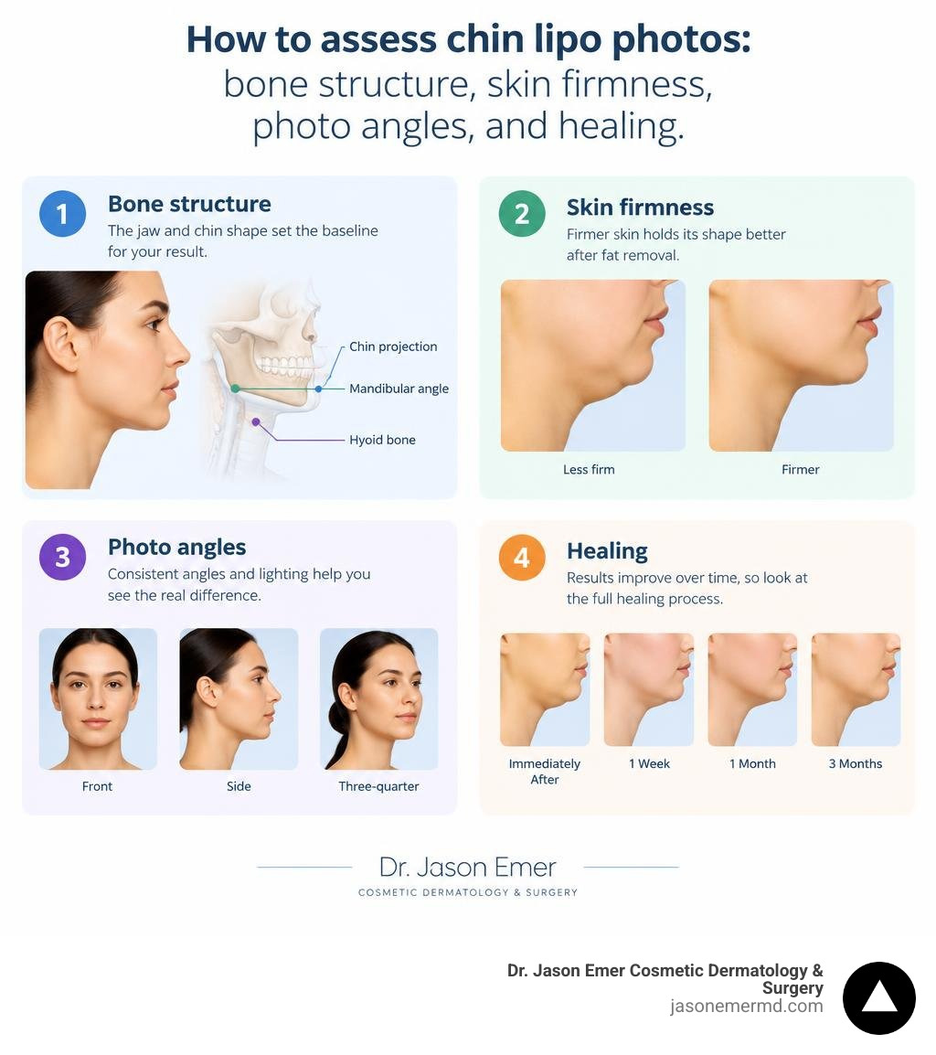 How to assess chin lipo photos: bone structure, skin firmness, photo angles, and healing infographic