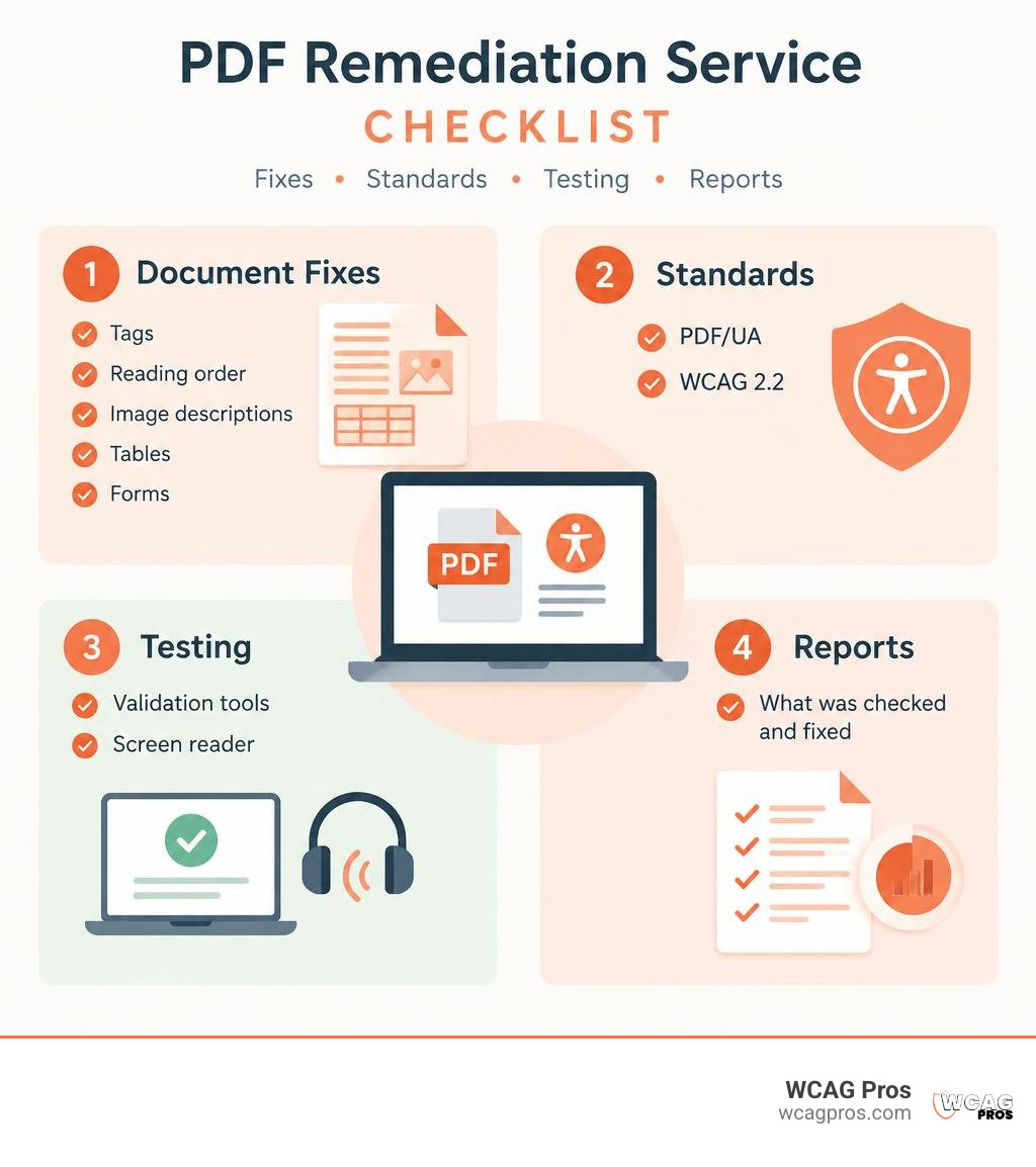 PDF remediation service checklist covering document fixes, standards, testing, and reports infographic PDF remediation service checklist covering document fixes, standards, testing, and reports infographic
