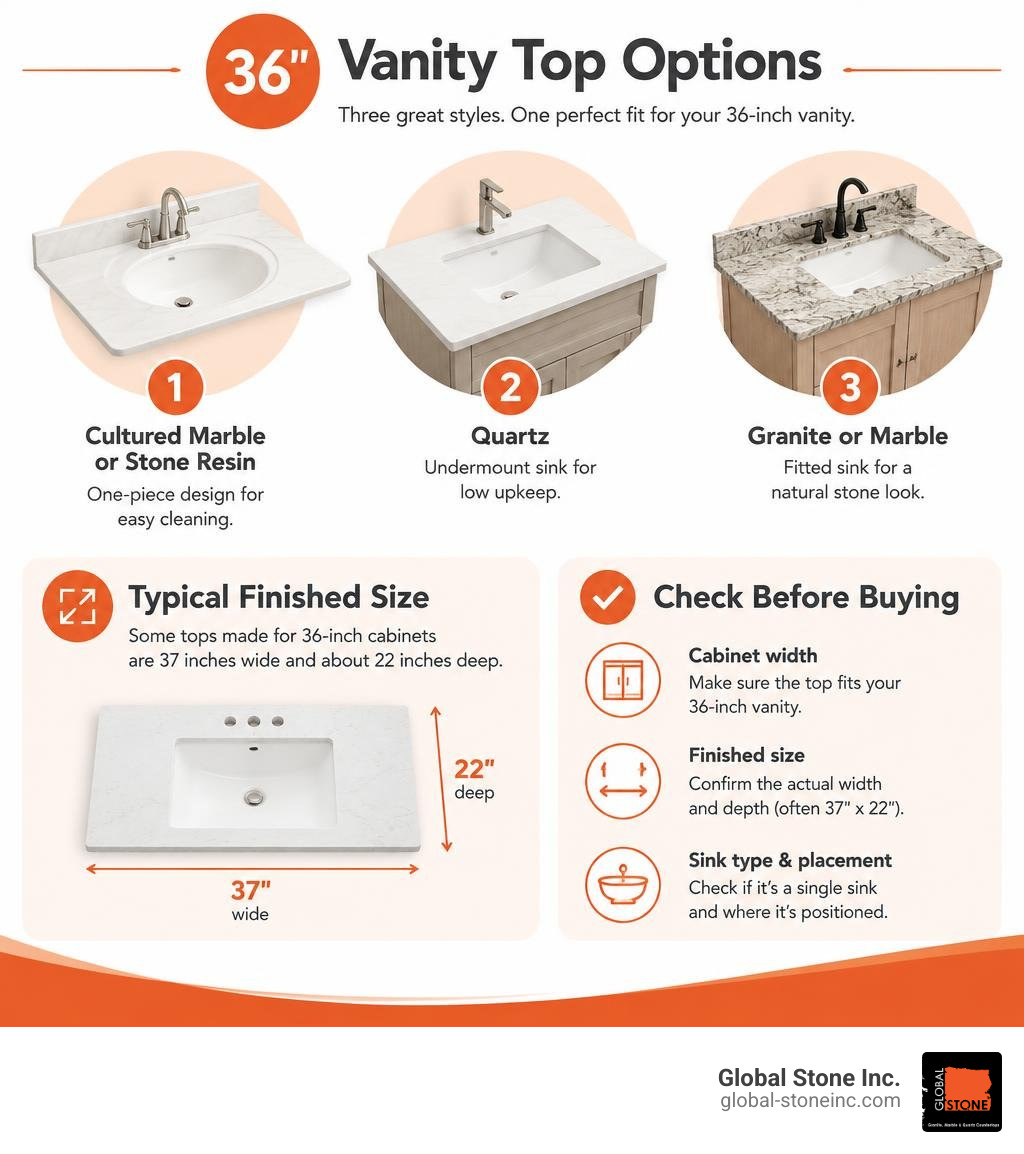 36-inch vanity top options, typical 37-by-22-inch finished size, and space to check before buying infographic