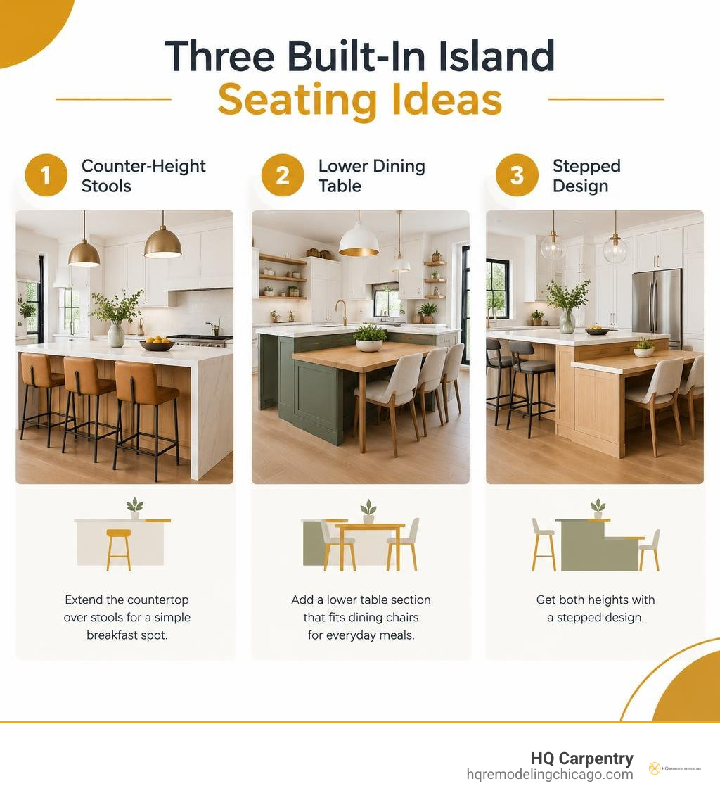 Three built-in island seating ideas: counter-height stools, a lower dining table, and a stepped design infographic Three built-in island seating ideas: counter-height stools, a lower dining table, and a stepped design infographic