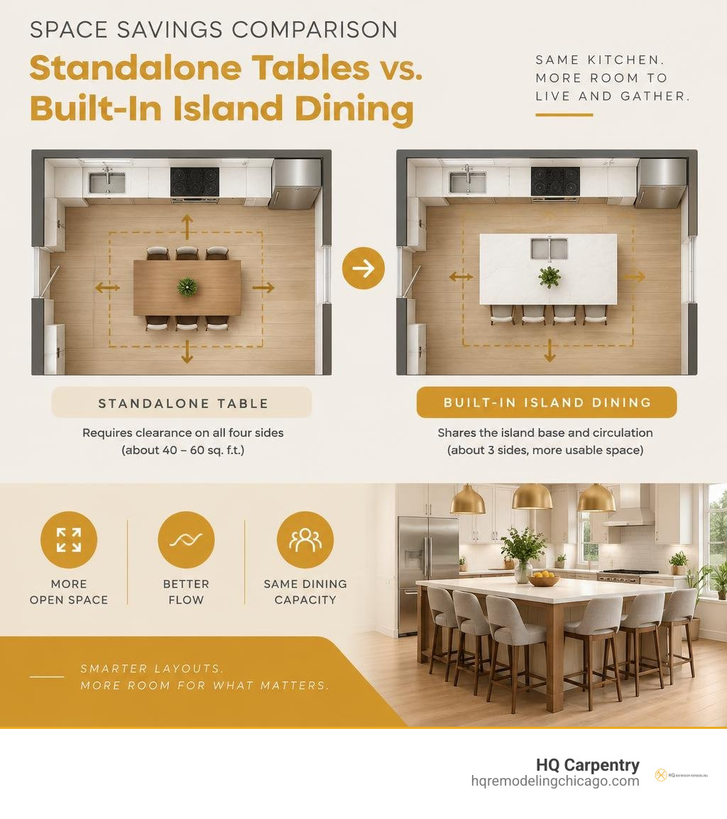Space savings comparison of standalone tables versus built-in island dining infographic Space savings comparison of standalone tables versus built-in island dining infographic