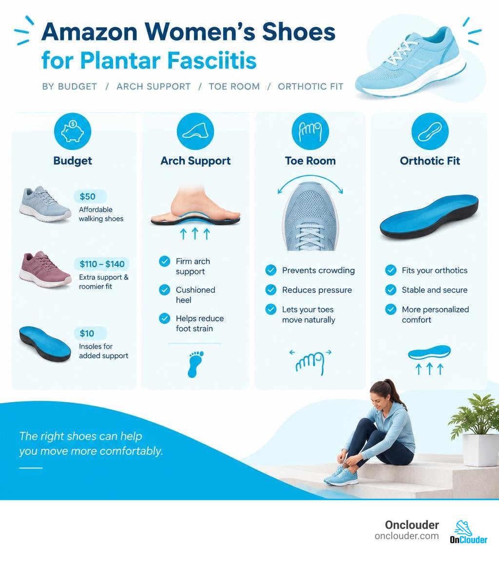 Amazon footwear options by budget, arch support, toe room, and orthotic fit infographic Amazon footwear options by budget, arch support, toe room, and orthotic fit infographic