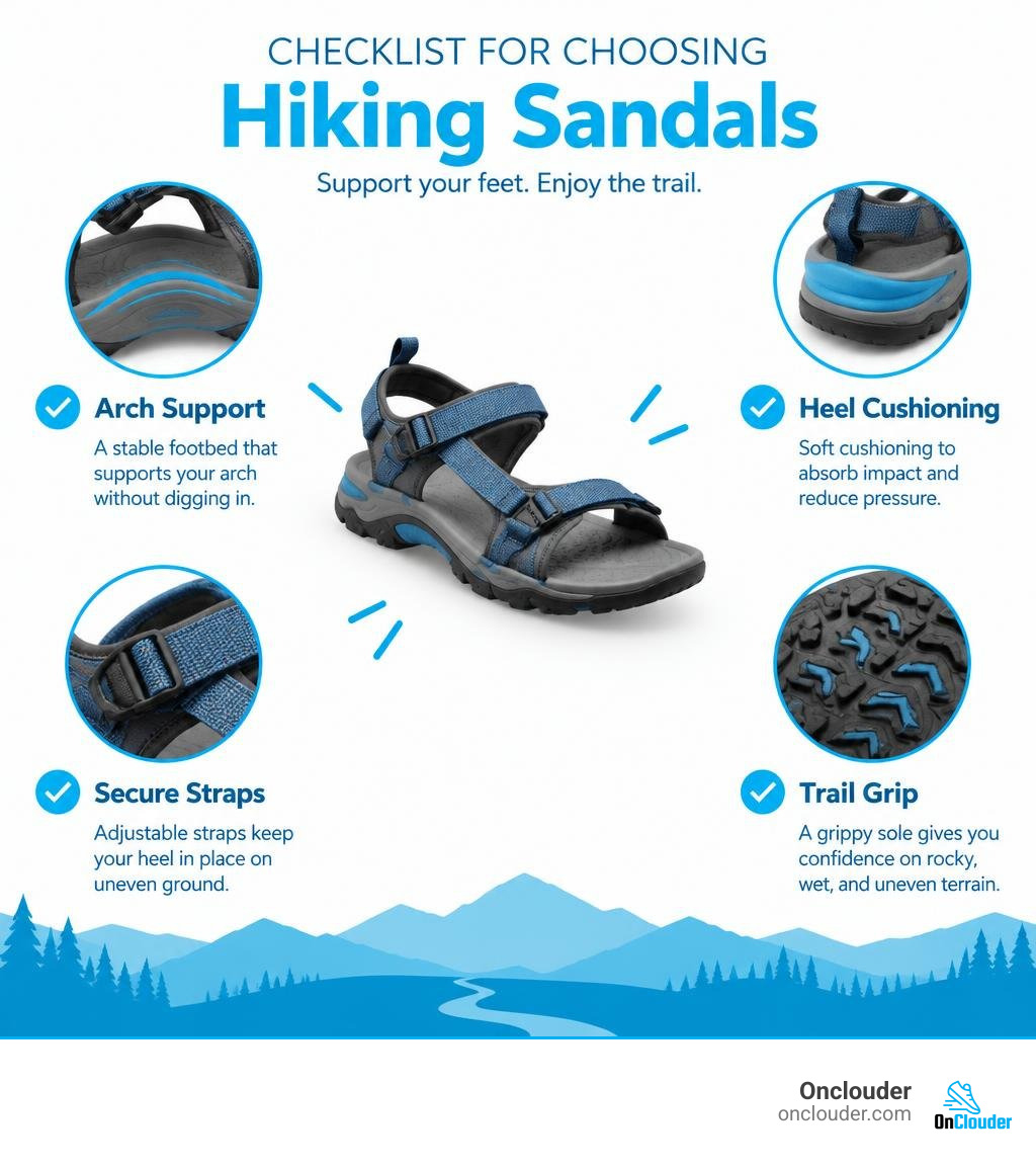Checklist for choosing hiking sandals with arch support, heel cushioning, secure straps, and trail grip infographic Checklist for choosing hiking sandals with arch support, heel cushioning, secure straps, and trail grip infographic
