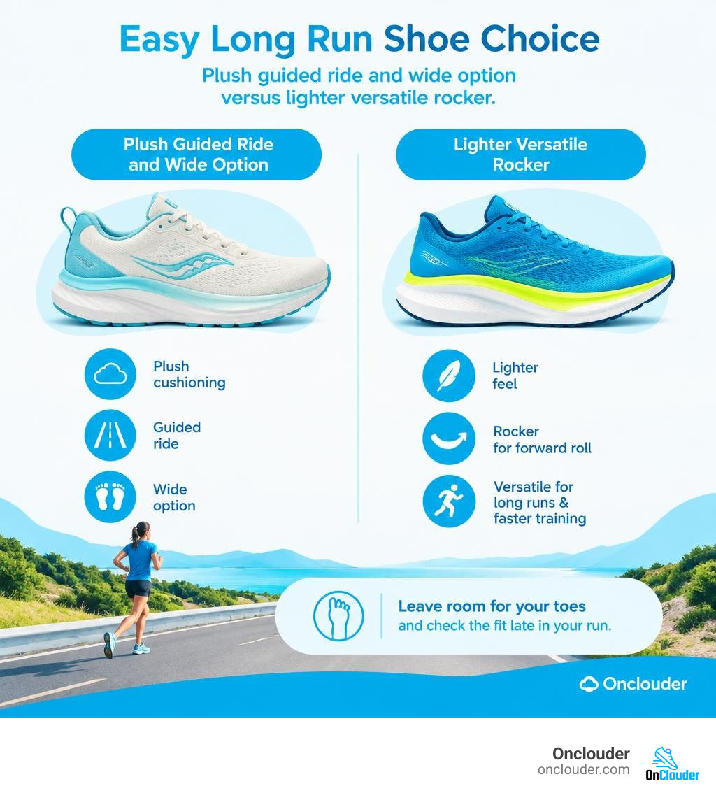 Easy long run shoe choice: plush guided ride and wide option versus lighter versatile rocker infographic Easy long run shoe choice: plush guided ride and wide option versus lighter versatile rocker infographic