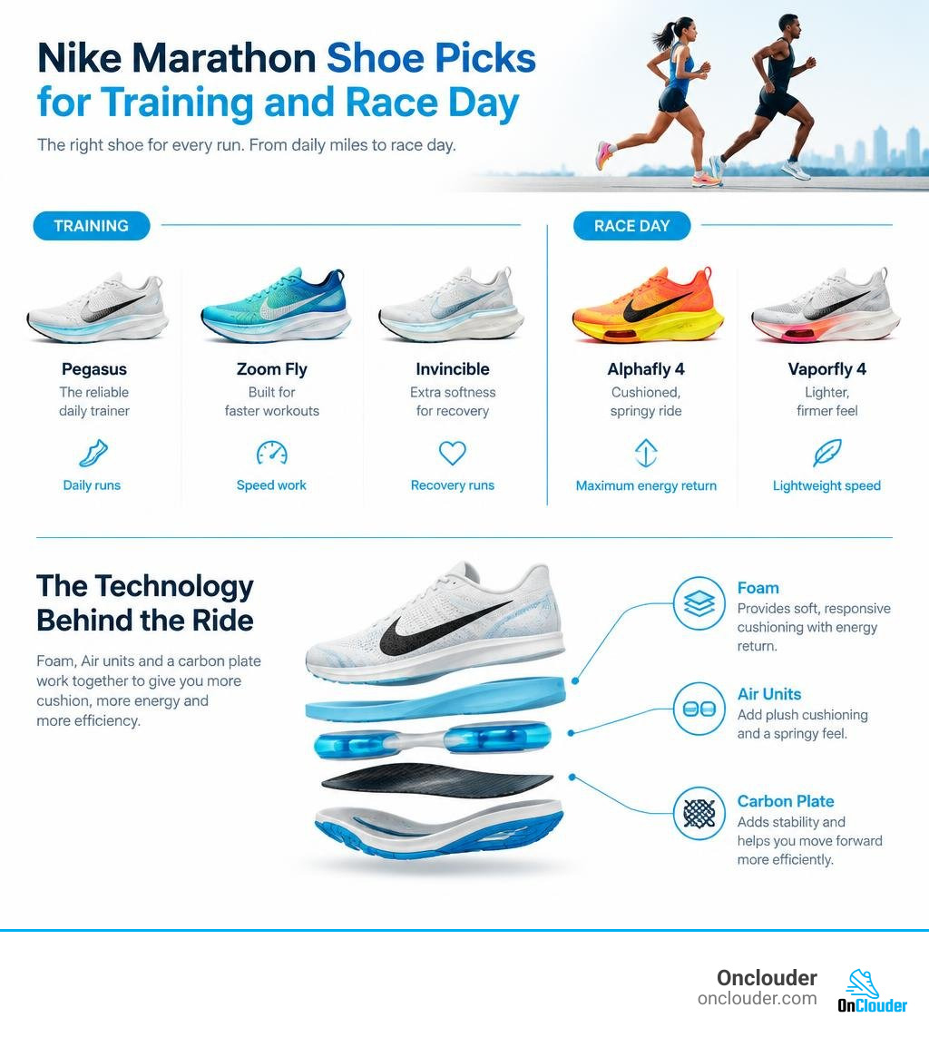 Nike marathon shoe picks by training and race-day use, with foam, Air units and carbon plate explained infographic Nike marathon shoe picks by training and race-day use, with foam, Air units and carbon plate explained infographic