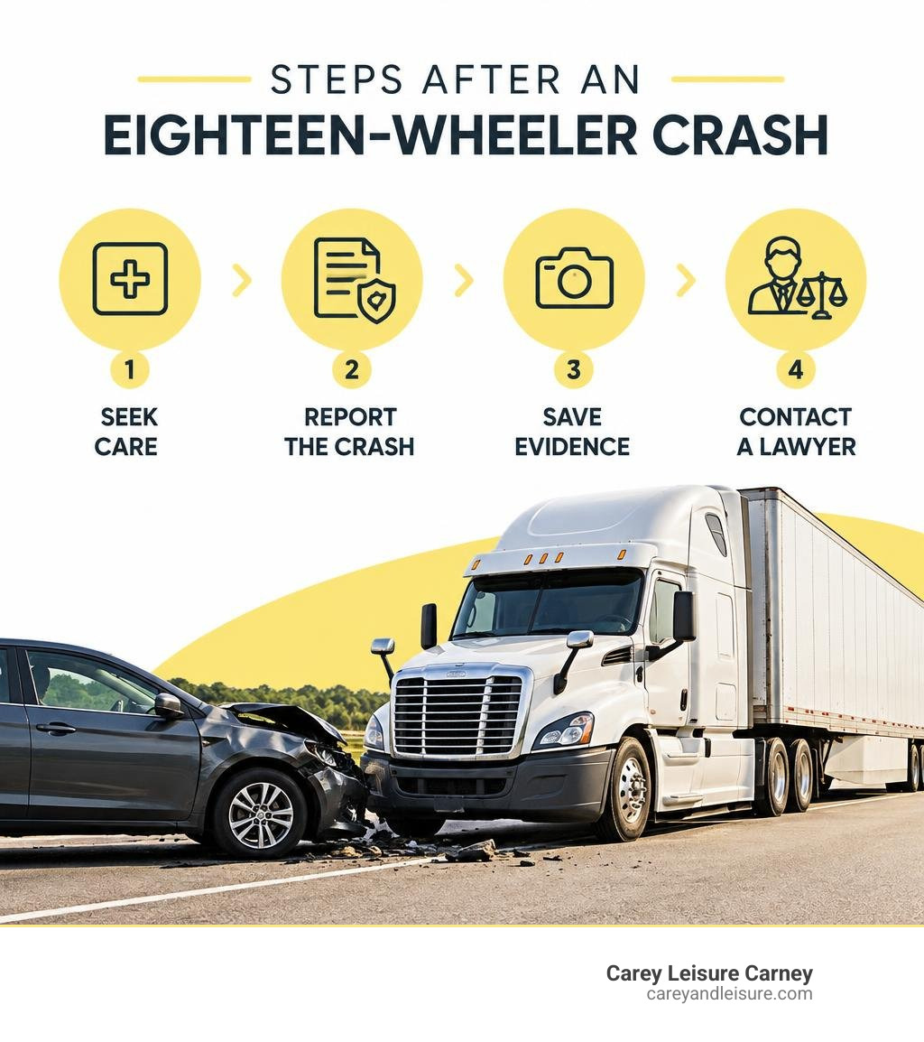 Steps after an eighteen-wheeler crash: seek care, report the crash, save evidence, contact a lawyer infographic