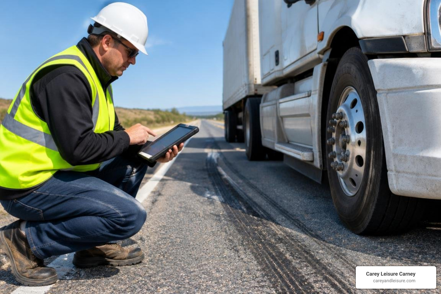 accident reconstruction specialist examining truck data