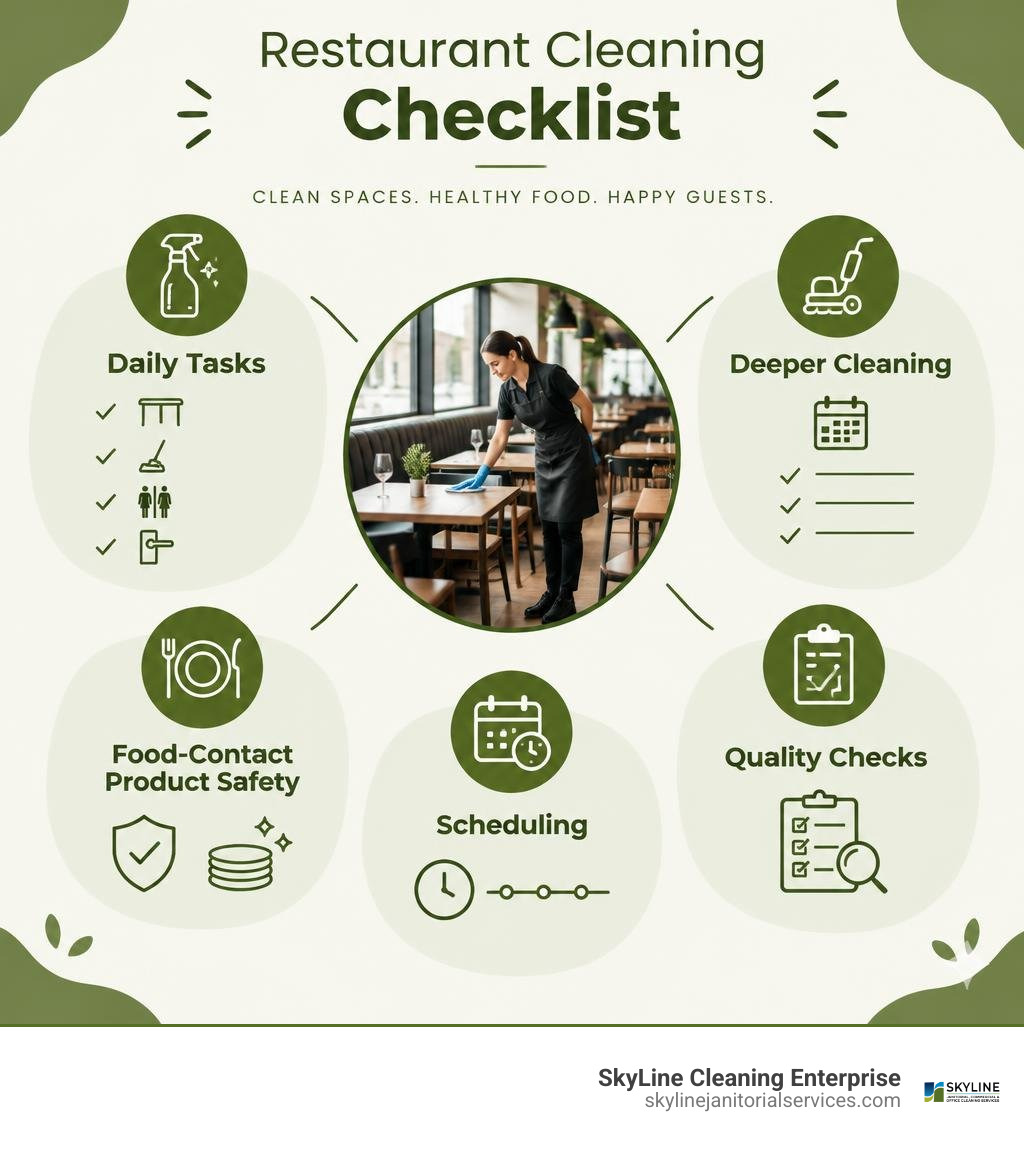 Restaurant cleaning checklist showing daily tasks, deeper cleaning, food-contact product safety, scheduling, and quality Restaurant cleaning checklist showing daily tasks, deeper cleaning, food-contact product safety, scheduling, and quality