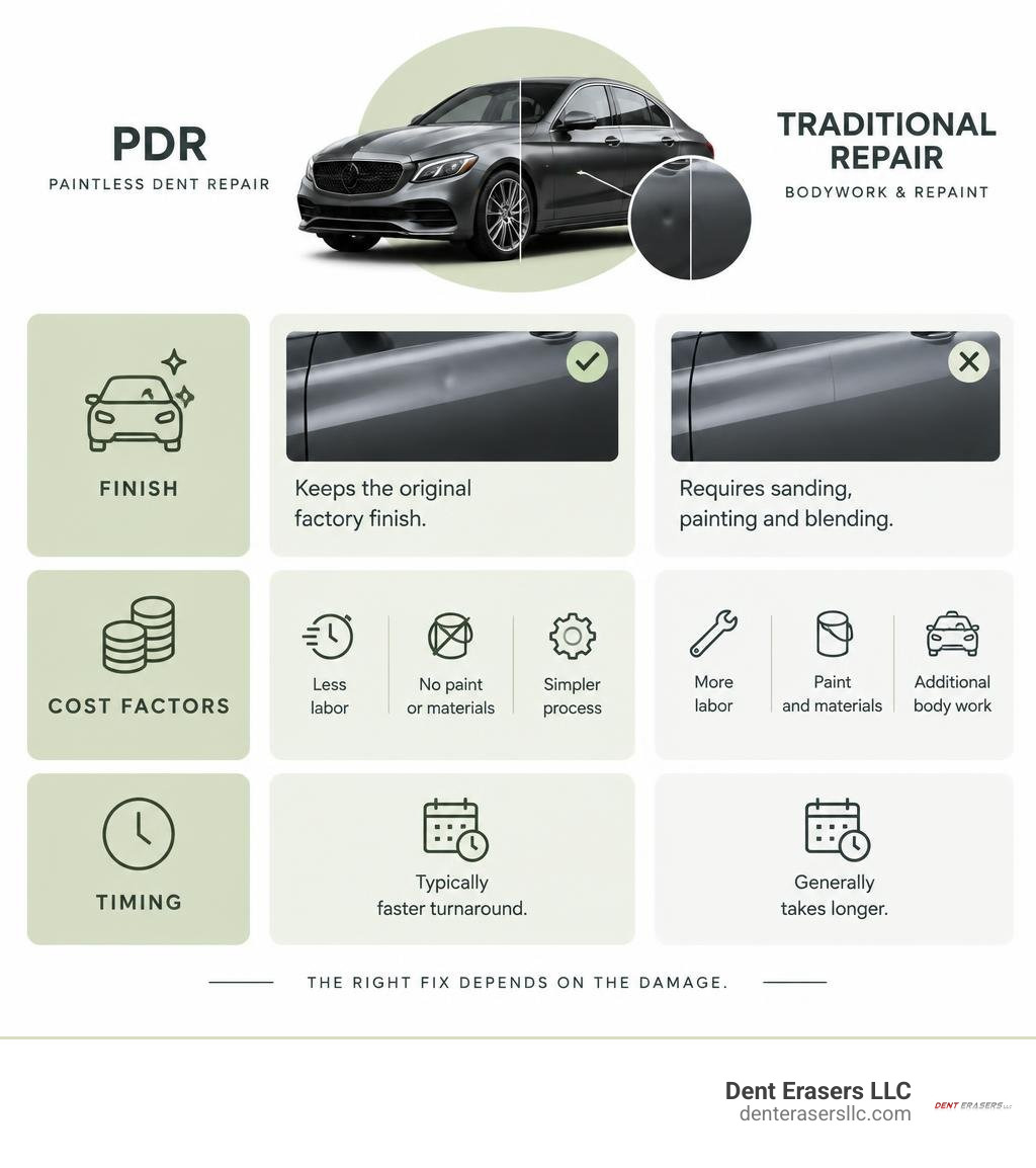 Comparison of PDR and traditional repair for a luxury car dent, including finish, cost factors, and timing infographic Comparison Of Pdr And Traditional Repair For A Luxury Car Dent, Including Finish, Cost Factors, And Timing Infographic
