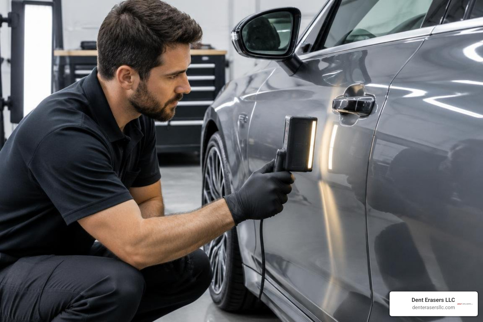 specialized technician assessing aluminum panel depth on high end car Specialized Technician Assessing Aluminum Panel Depth On High End Car