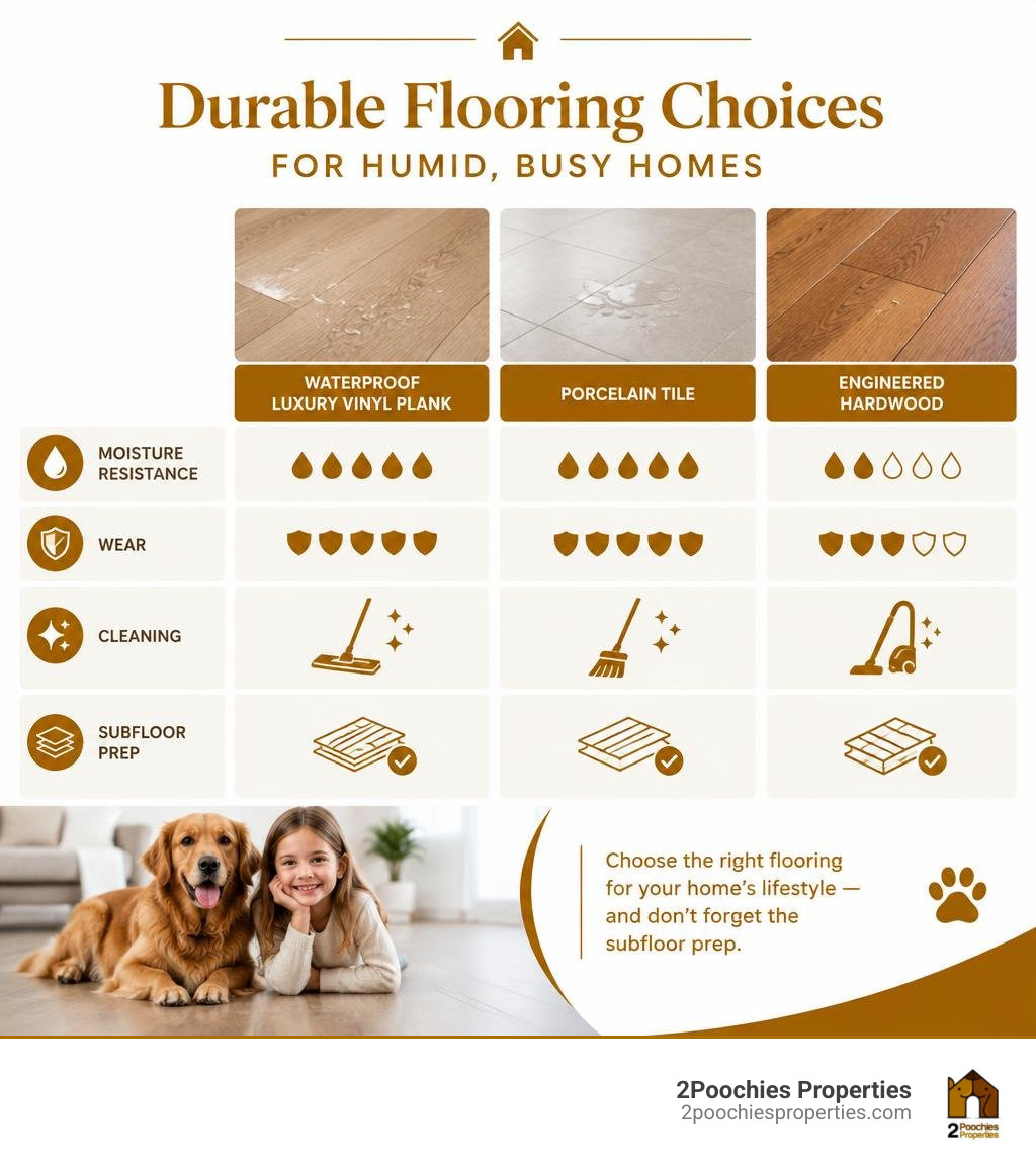 Infographic comparing moisture resistance, wear, cleaning, and subfloor prep for durable flooring infographic