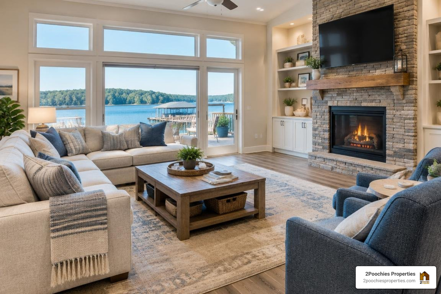Photorealistic Smith Lake lakefront living room with durable flooring and 2Poochies Properties logo