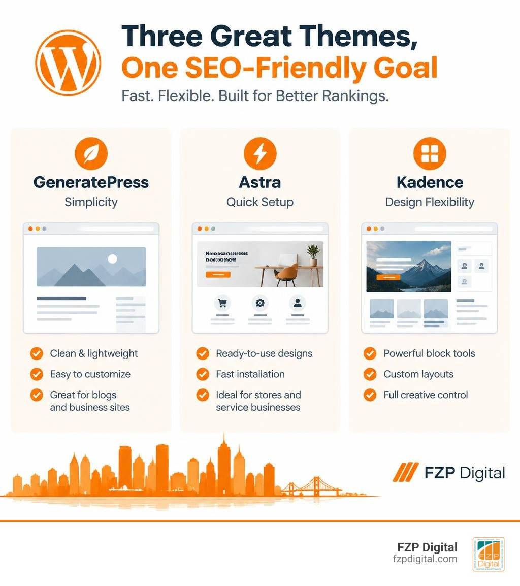 Infographic comparing GeneratePress for simplicity, Astra for quick setup, and Kadence for design flexibility infographic Infographic comparing GeneratePress for simplicity, Astra for quick setup, and Kadence for design flexibility infographic
