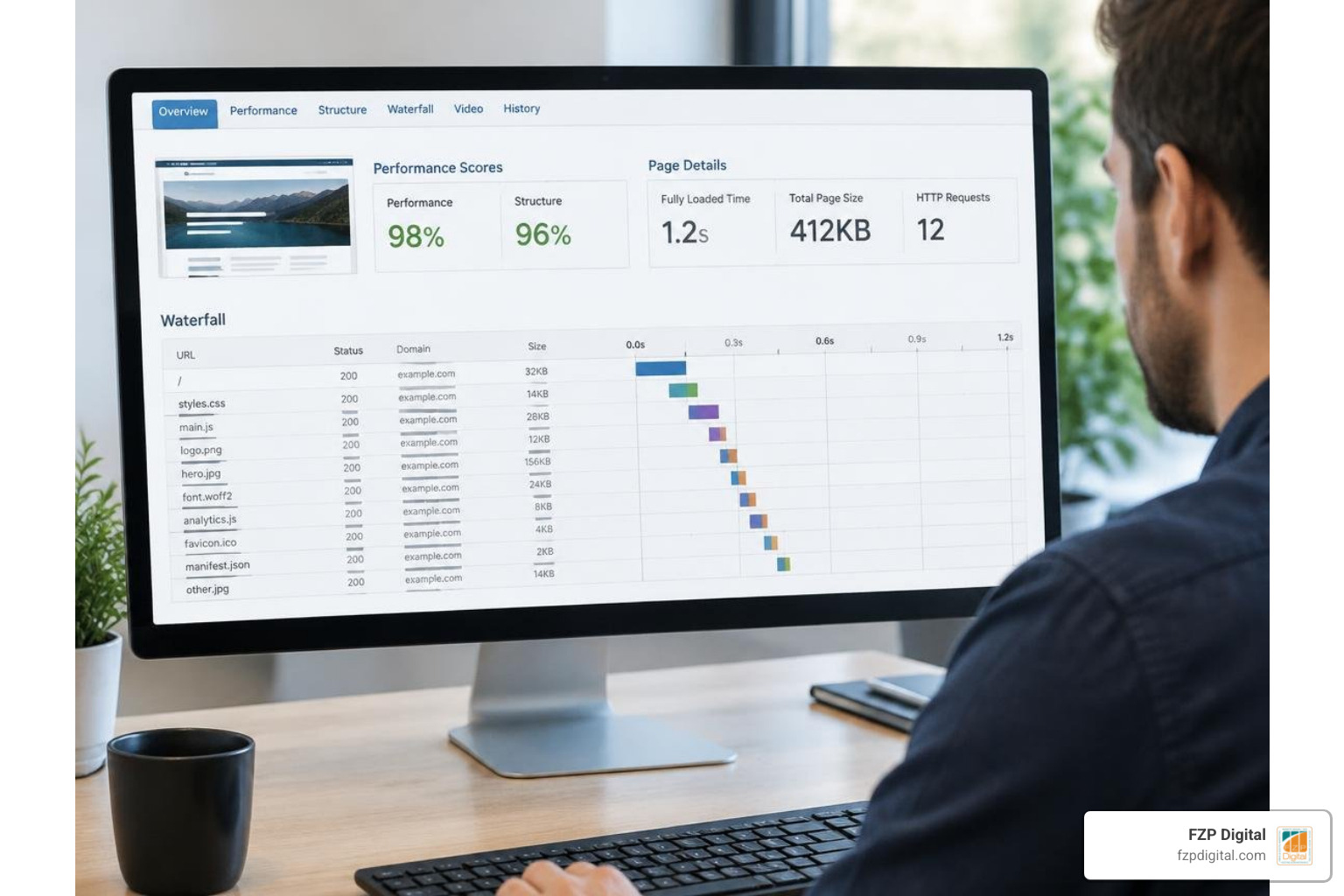 Screenshot of a GTmetrix waterfall audit highlighting optimized server response times and low HTTP requests Screenshot of a GTmetrix waterfall audit highlighting optimized server response times and low HTTP requests