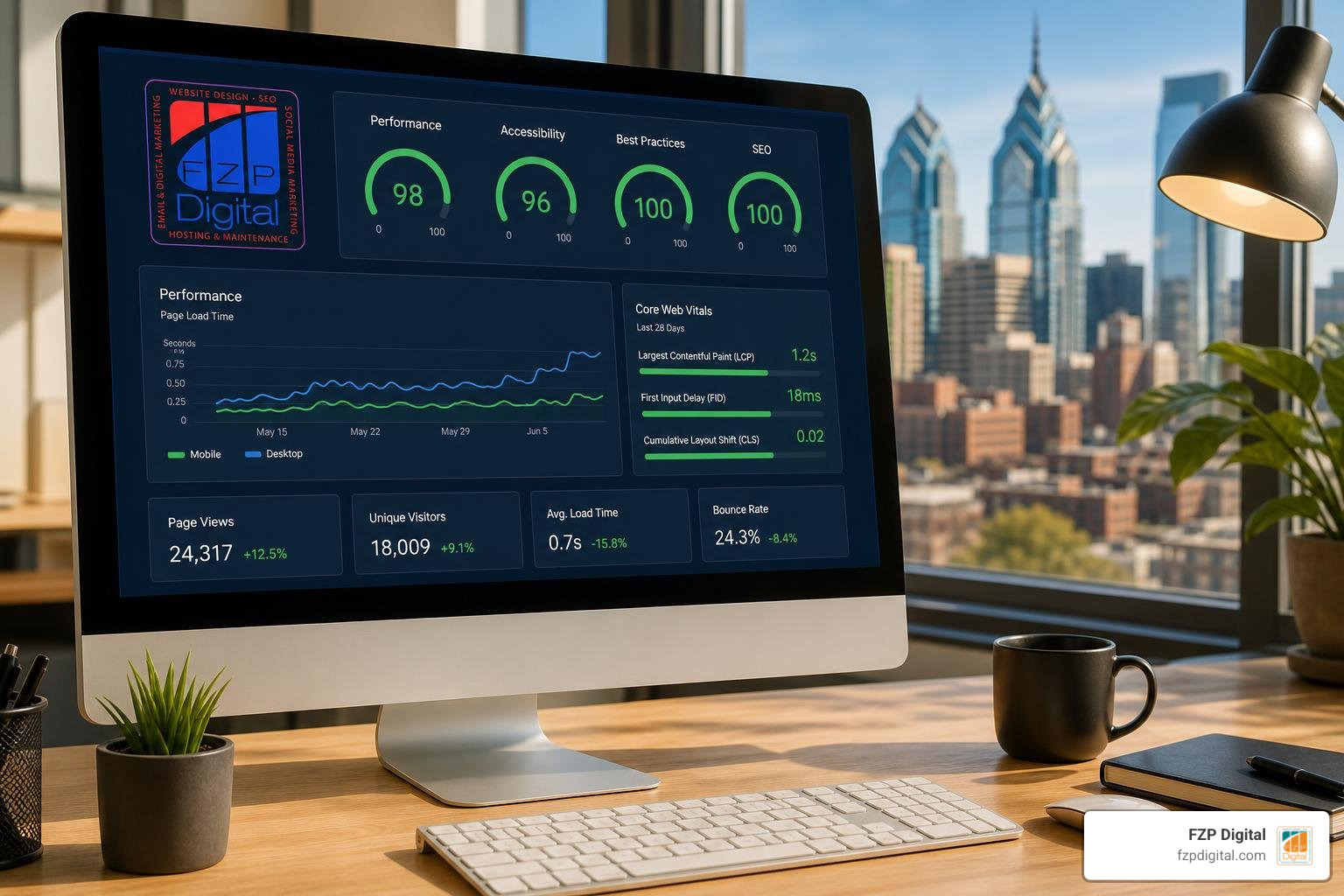 Photorealistic WordPress speed dashboard with the FZP Digital logo and Philadelphia skyline Photorealistic WordPress speed dashboard with the FZP Digital logo and Philadelphia skyline