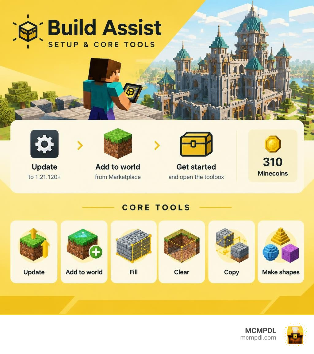 Build Assist setup and core tools: update, add to world, fill, clear, copy, and make shapes infographic Build Assist setup and core tools: update, add to world, fill, clear, copy, and make shapes infographic