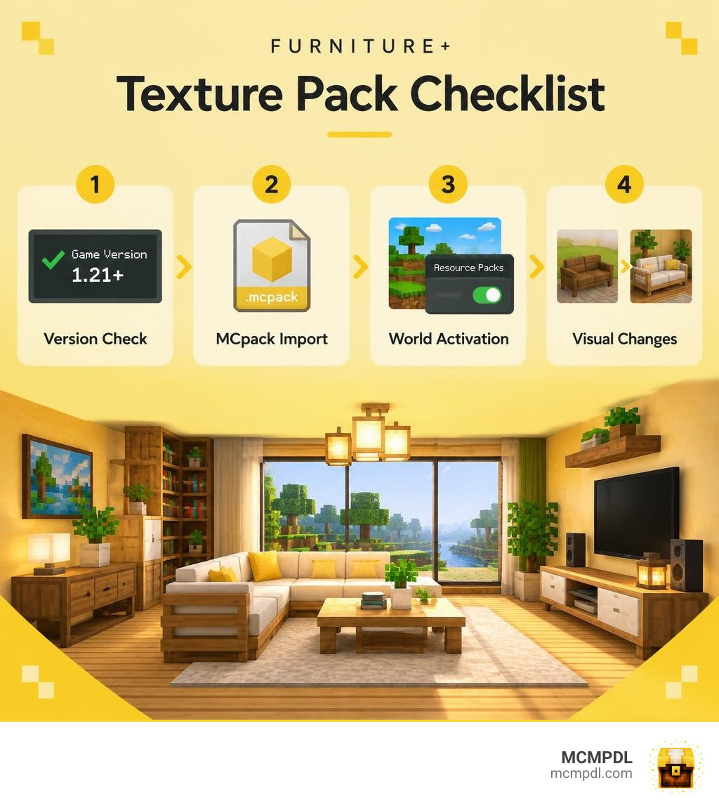 Furniture texture pack checklist showing version check, mcpack import, world activation, and visual changes infographic