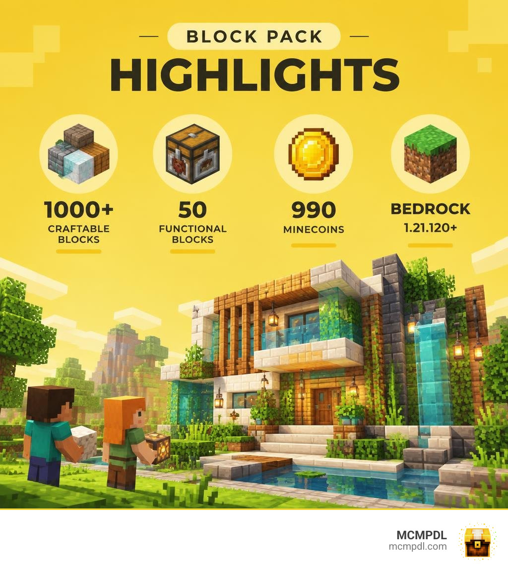Block Pack highlights: 1000-plus craftable blocks, 50 functional blocks, 990 Minecoins, Bedrock 1.21.120-plus infographic Block Pack highlights: 1000-plus craftable blocks, 50 functional blocks, 990 Minecoins, Bedrock 1.21.120-plus infographic