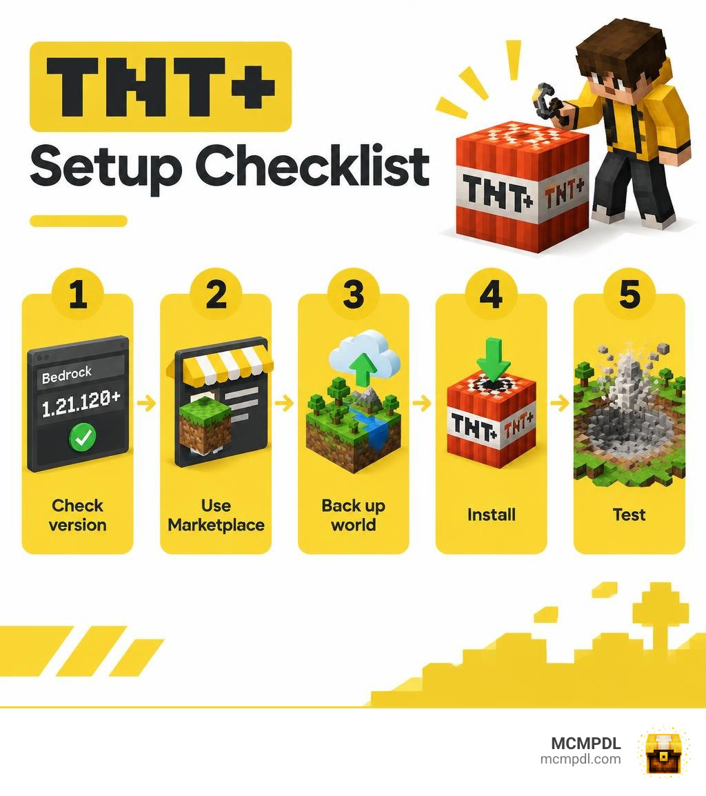 Checklist for TNT+ setup: check version, use Marketplace, back up world, install, and test infographic Checklist for TNT+ setup: check version, use Marketplace, back up world, install, and test infographic