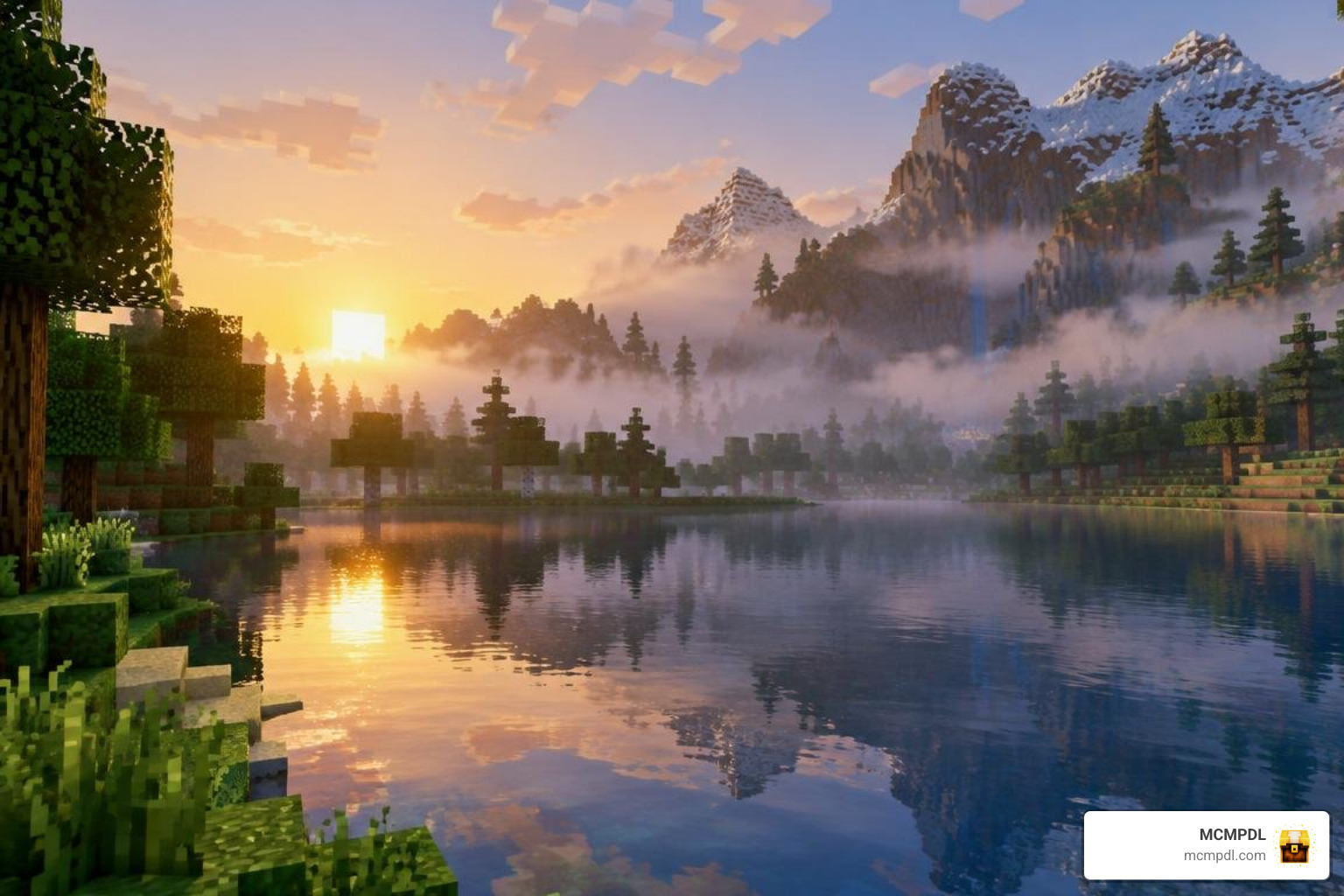 Demonstration of water reflections and biome-specific fog in Minecraft Bedrock