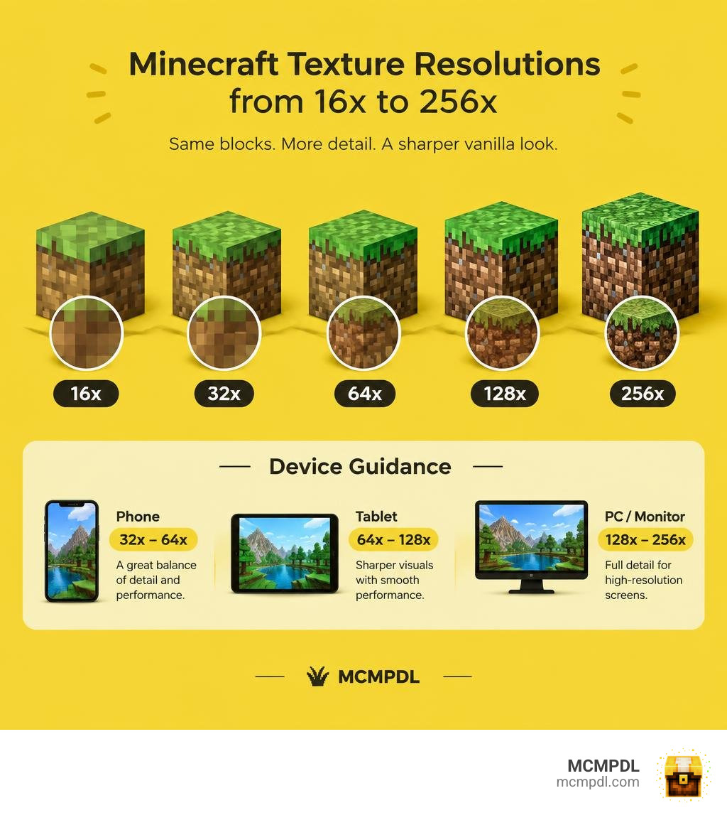 Minecraft texture resolutions from 16x to 256x, with device guidance infographic