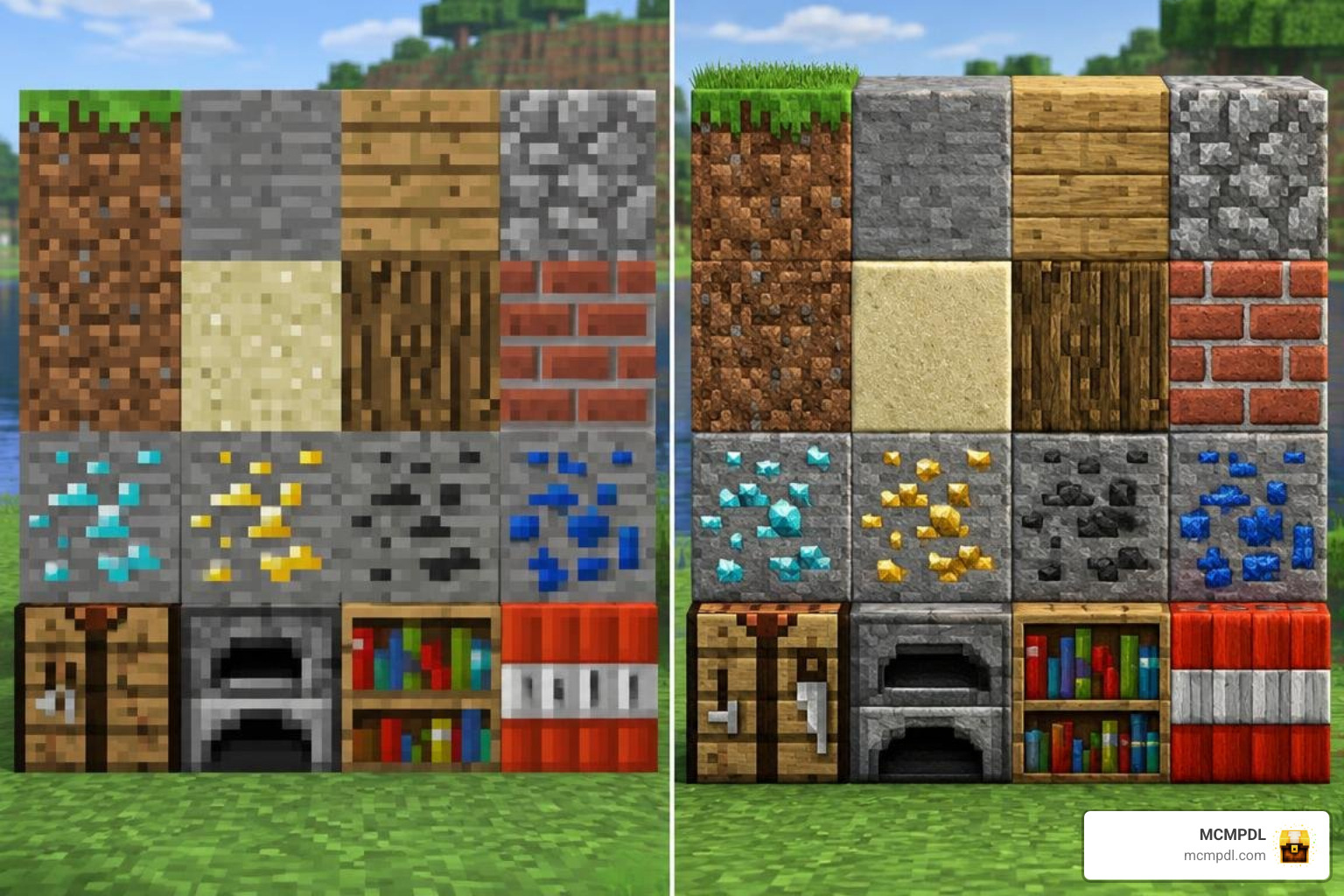 side-by-side block comparison between default 16x textures and high-resolution vanilla blocks