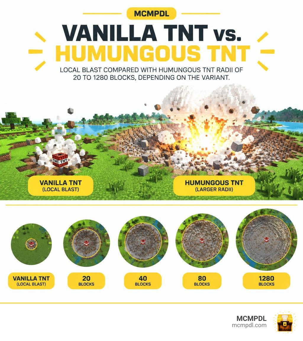 Vanilla TNT local blast compared with Humungous TNT radii of 20 to 1280 blocks, depending on the variant infographic Vanilla TNT local blast compared with Humungous TNT radii of 20 to 1280 blocks, depending on the variant infographic