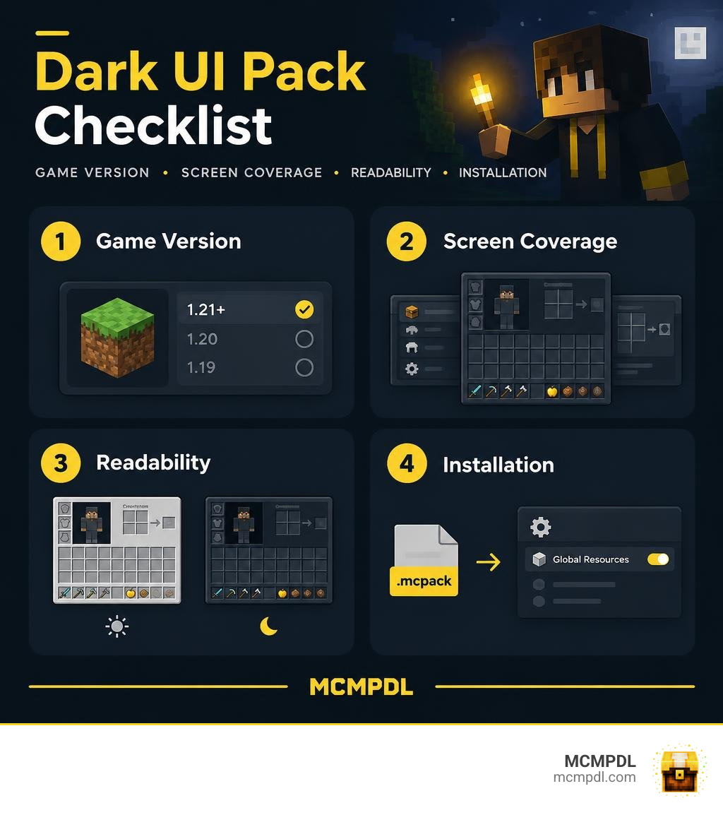 Dark UI pack checklist: game version, screen coverage, readability, and installation infographic Dark UI pack checklist: game version, screen coverage, readability, and installation infographic