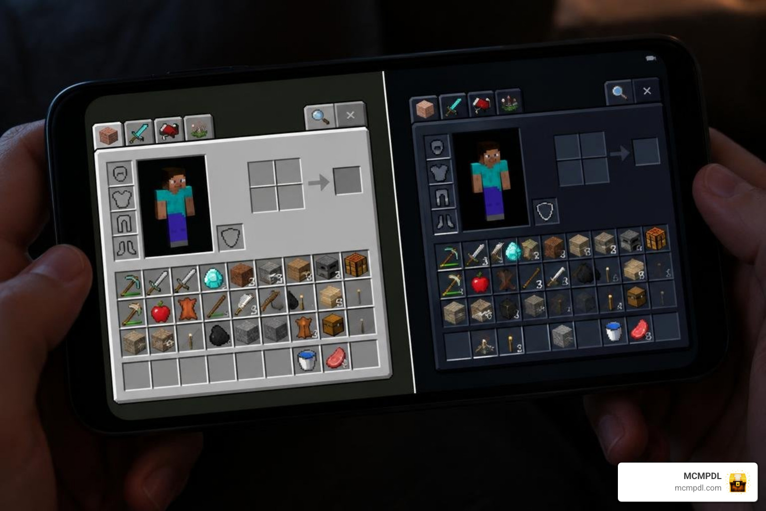 Dark UI vs default light UI visual comparison in Bedrock Edition Dark UI vs default light UI visual comparison in Bedrock Edition