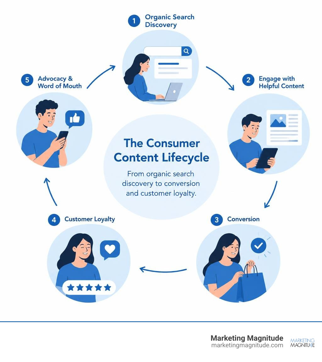 Consumer content lifecycle from organic search discovery to conversion and customer loyalty infographic Consumer content lifecycle from organic search discovery to conversion and customer loyalty infographic
