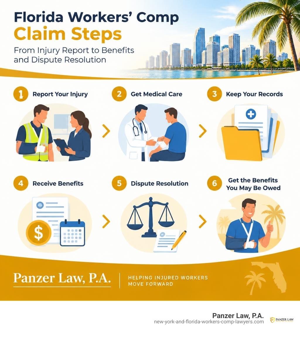 Florida workers' comp claim steps from injury report to benefits and dispute resolution infographic Florida workers' comp claim steps from injury report to benefits and dispute resolution infographic