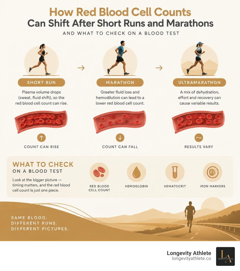 How red blood cell counts can shift after short runs and marathons, and what to check on a blood test infographic How red blood cell counts can shift after short runs and marathons, and what to check on a blood test infographic