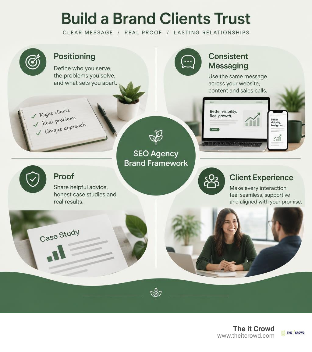 SEO agency brand framework covering positioning, consistent messaging, proof, and client experience infographic