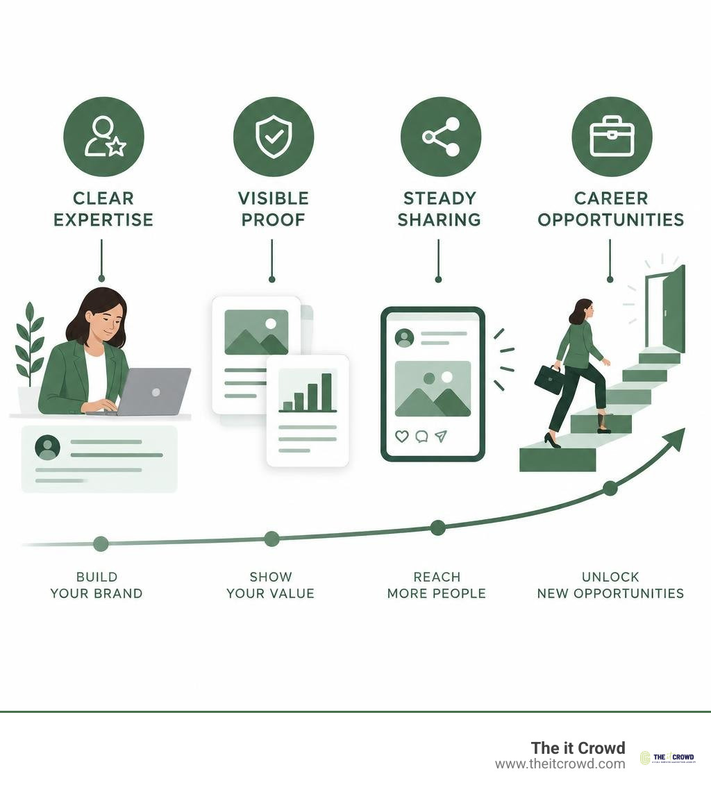 Infographic showing clear expertise, visible proof, steady sharing, and career opportunities building over time infographic Infographic showing clear expertise, visible proof, steady sharing, and career opportunities building over time infographic