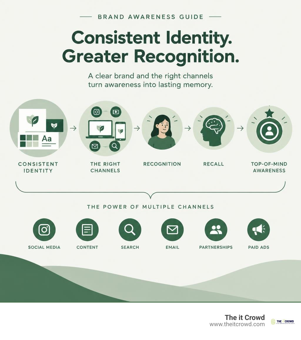 Brand awareness guide showing consistent identity and channels leading to recognition, recall, and top-of-mind awareness Brand awareness guide showing consistent identity and channels leading to recognition, recall, and top-of-mind awareness