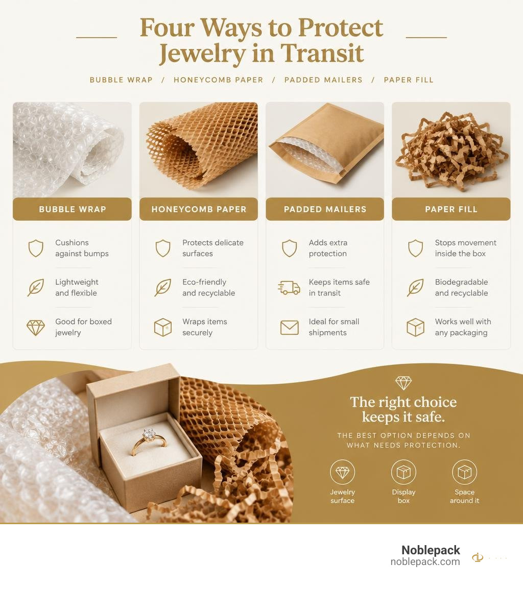 Comparison of bubble wrap, honeycomb paper, padded mailers, and paper fill for jewelry shipping infographic Comparison of bubble wrap, honeycomb paper, padded mailers, and paper fill for jewelry shipping infographic