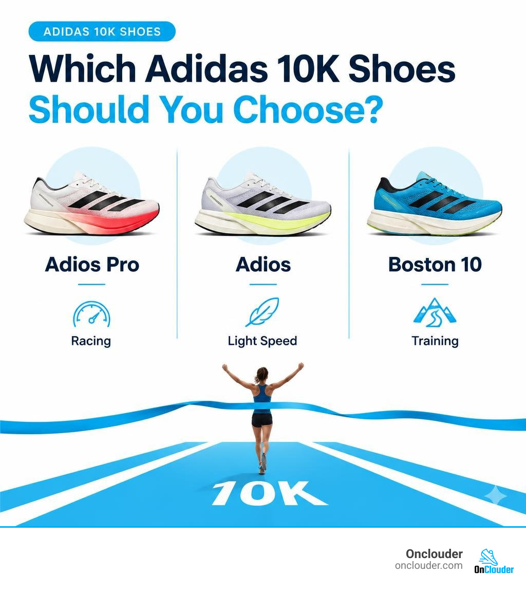 Adidas 10k shoe comparison: Adios Pro for racing, Adios for light speed, Boston 10 for training infographic