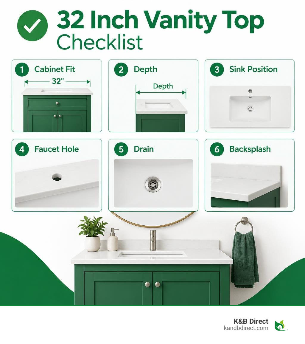 32 inch vanity top checklist: cabinet fit, depth, sink position, faucet hole, drain, backsplash infographic