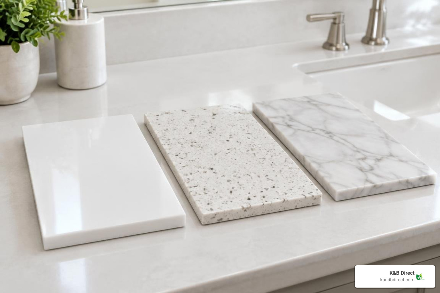 comparison of smooth ceramic, polished quartz, and natural marble bathroom surfaces