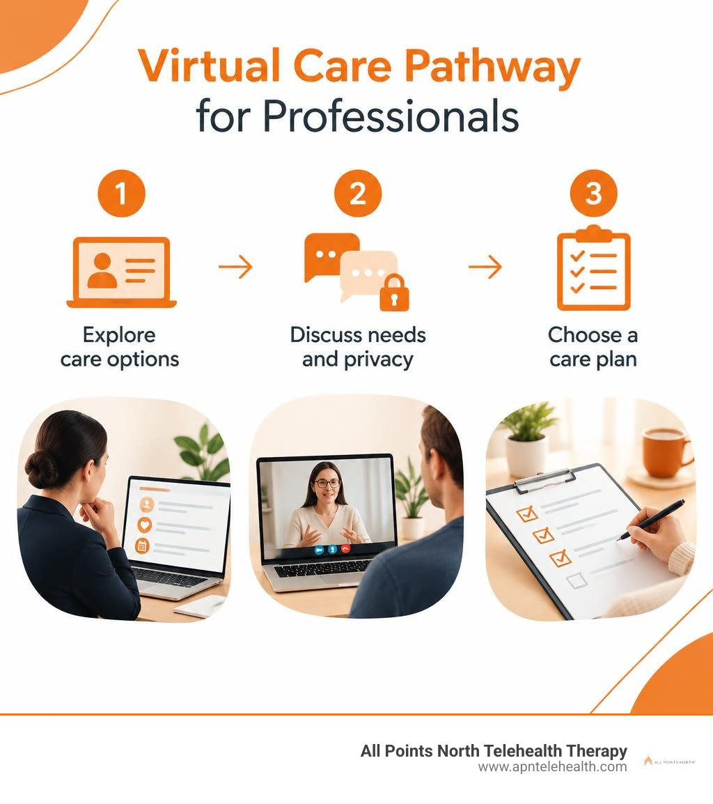 Virtual care pathway for professionals: explore care options, discuss needs and privacy, choose a care plan infographic Virtual care pathway for professionals: explore care options, discuss needs and privacy, choose a care plan infographic