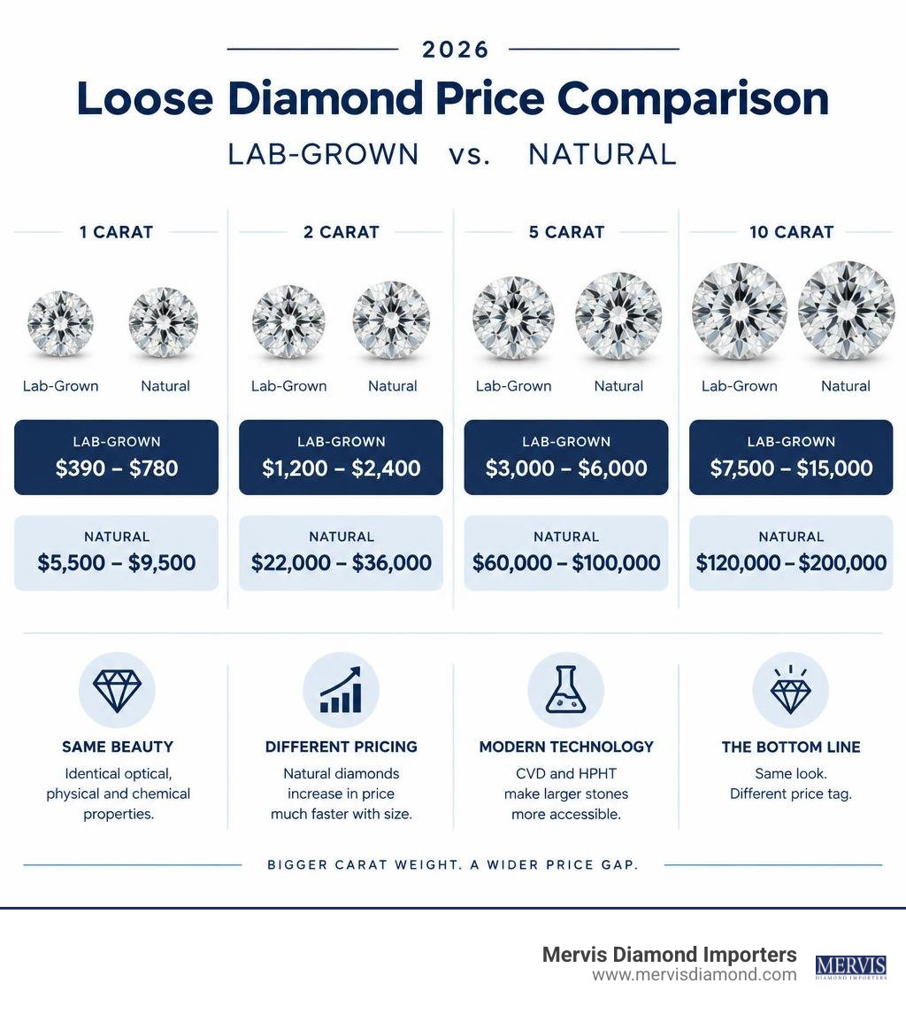 2026 loose diamond price comparison at 1, 2, 5, and 10 carats: lab-grown versus natural infographic