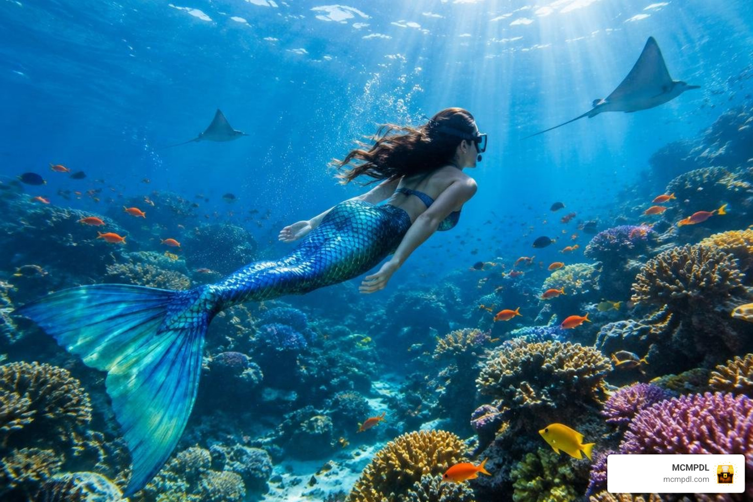 Player exploring a deep sea coral reef with aquatic gear Player exploring a deep sea coral reef with aquatic gear