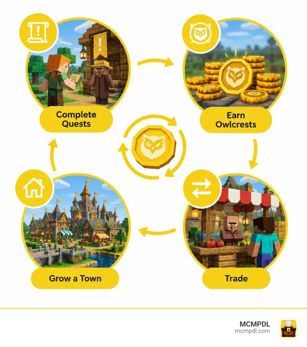 Civilization Expansion Pack gameplay cycle: complete quests, earn Owlcrests, trade, and grow a town infographic Civilization Expansion Pack gameplay cycle: complete quests, earn Owlcrests, trade, and grow a town infographic