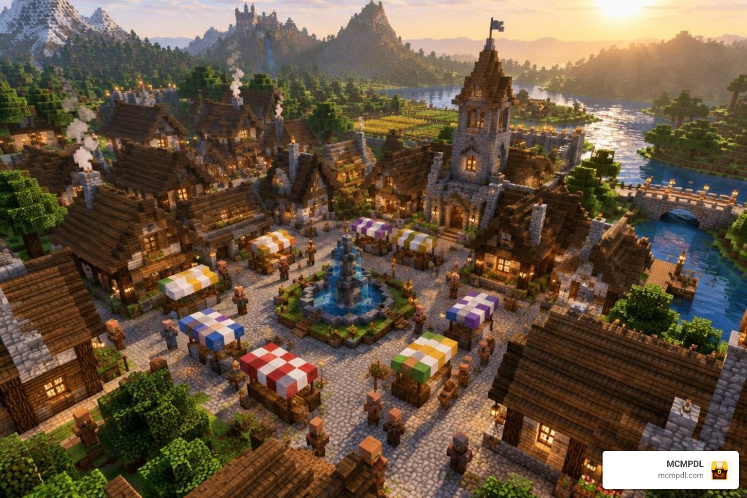 thriving custom player settlement with detailed town center and marketplace thriving custom player settlement with detailed town center and marketplace