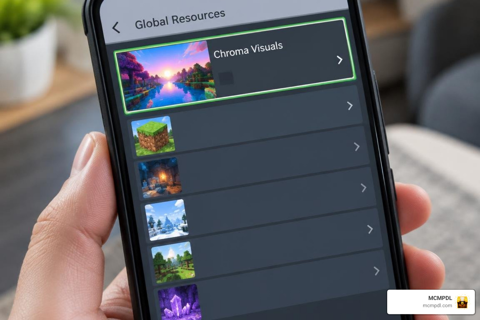 Minecraft Global Resources screen showing Chroma Visuals active at the top of the pack list