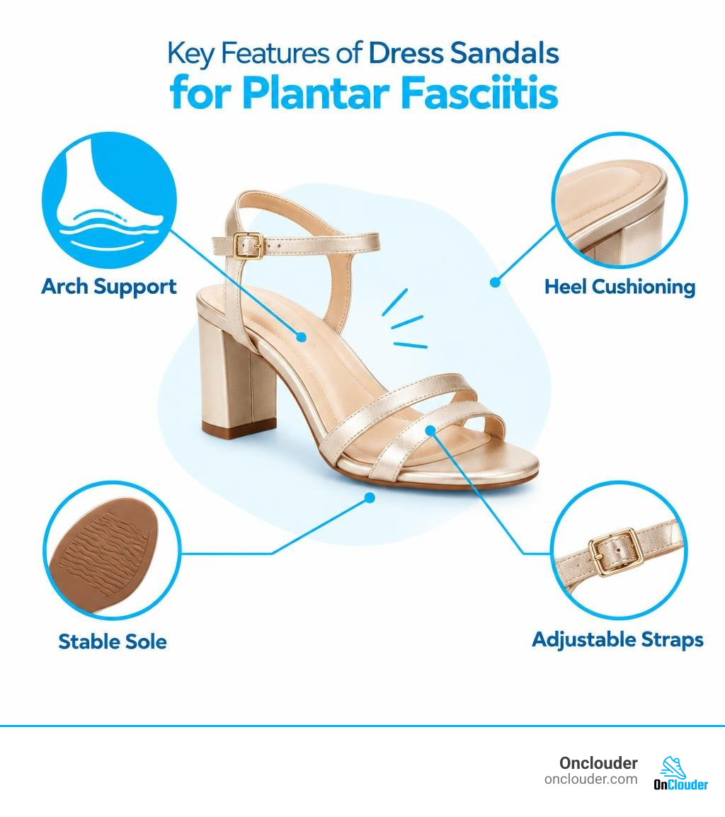 Key features of dress sandals for plantar fasciitis: arch support, heel cushioning, stable sole, adjustable straps Key features of dress sandals for plantar fasciitis: arch support, heel cushioning, stable sole, adjustable straps