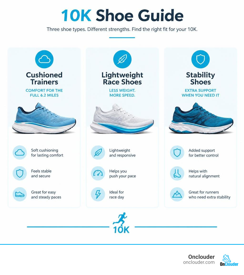 10k shoe guide comparing cushioned trainers, lightweight race shoes, and stability shoes infographic 10k shoe guide comparing cushioned trainers, lightweight race shoes, and stability shoes infographic